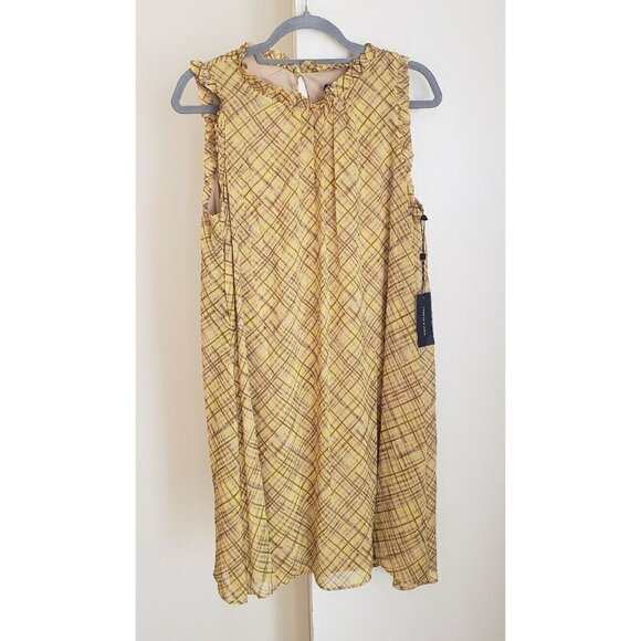 NWT $99 TOMMY HILFIGER TRAPEZE YELLOW BEIGE MINI RUFFLED DRESS SZ 14 - Picture 1 of 5
